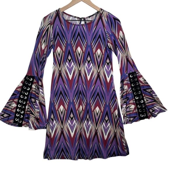 ARIELLA‎ Retro Lace Up Bell Sleeve Purple Geometric Bohemian 1970s Midi Dress S - Picture 2 of 13